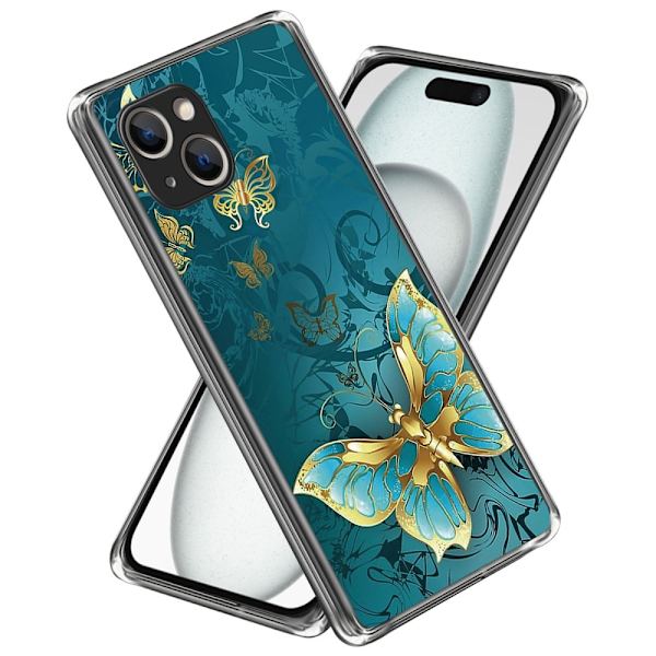 Deco iPhone 15 Plus deksel - Gylden Sommerfugl Blue