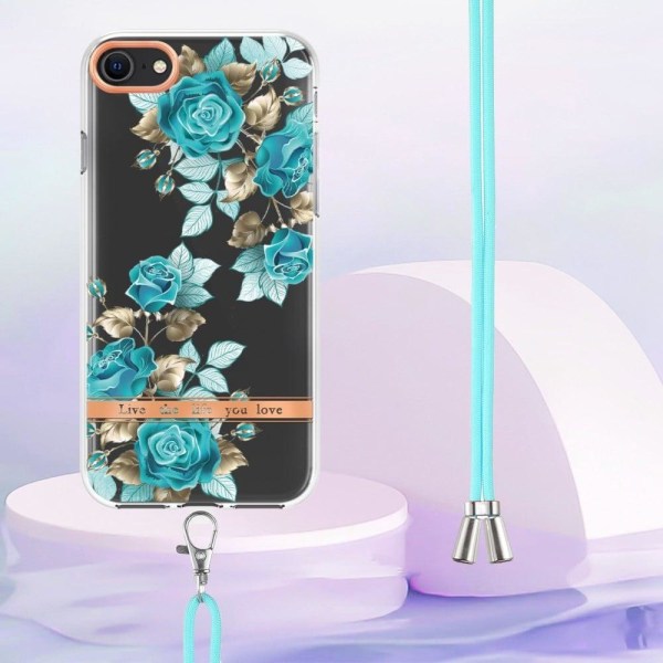 YB IMD-11 Series Phone Case iPhone SE (2020)/SE (2022)/7/8 4,7 tommer, blødt, fleksibelt IML IMD-blomstermønster med galvaniseret skal og nøglesnor - Blue