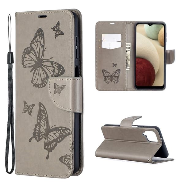 Butterfly Samsung Galaxy A12 5G nahkakotelo - Harmaa Silver grey
