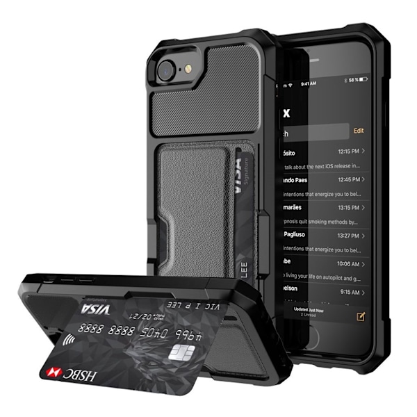 IPhone 7 / 8 mobilskal plast silikon syntetläder stående magnetiska bilhållare - Svart Svart