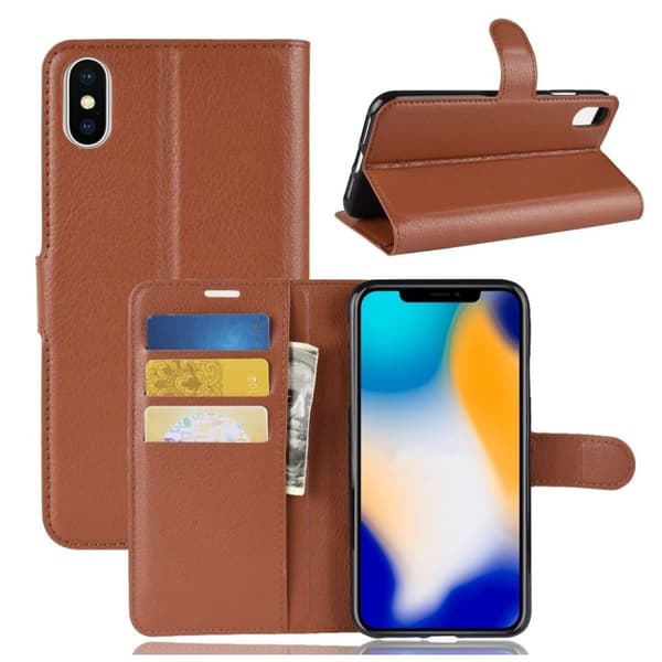 iPhone Xs Max flip etui i læder med litchi-tekstur - Brun Brown