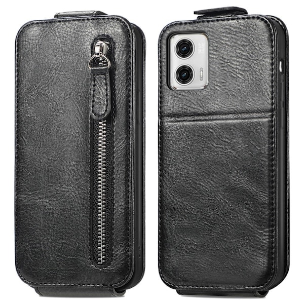 Vertical Flip Phone Etui med Zipper til Motorola Moto G73 - Sort Black