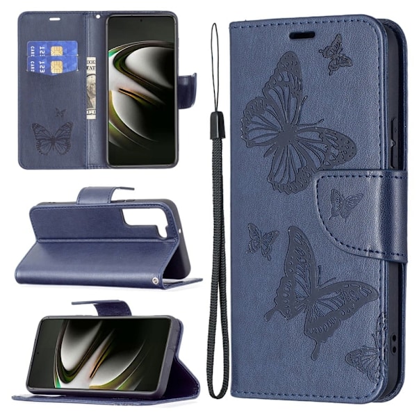 Butterfly Samsung Galaxy S22 Flip Etui - Mørkeblå Blue