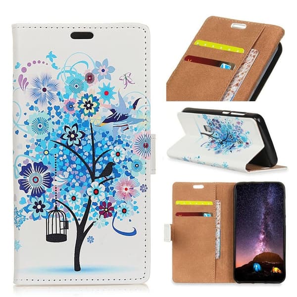 iPhone Xs Max mønstret læder flip cover - Blå Blomster Træ Fuglebur Multicolor