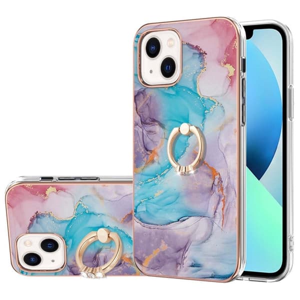 Marble Mønstret Cover med Ring Holder til iPhone 15 - Milky Way Marmor Blue Blue