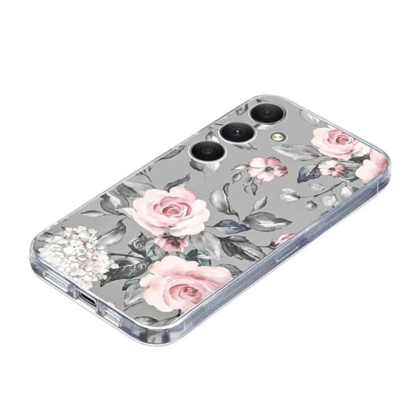 Vibe Samsung Galaxy S24 -kansi - Harmaa Tausta Kukkia Silver grey