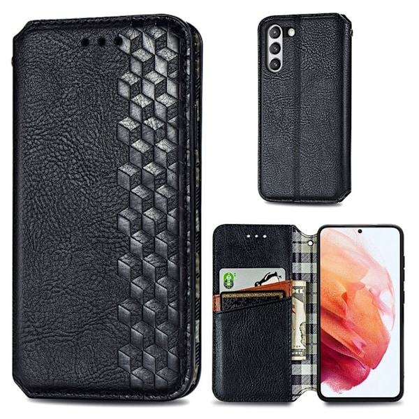 Läder Samsung Galaxy S21 FE fodral med romb-design - Svart Svart