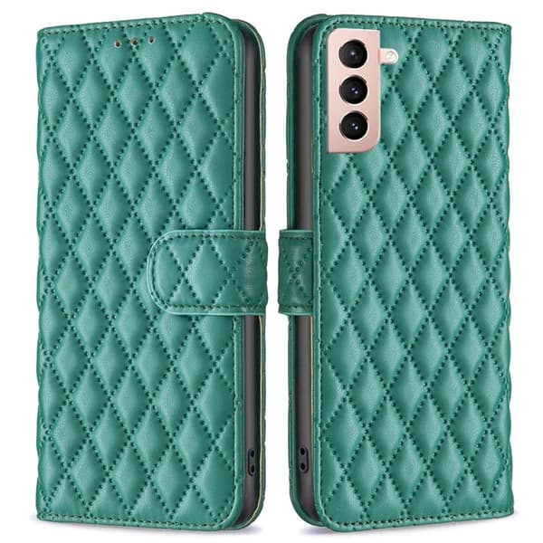 Rhombus Mønster Matte Flip Case til Samsung Galaxy S21 - Grøn Green