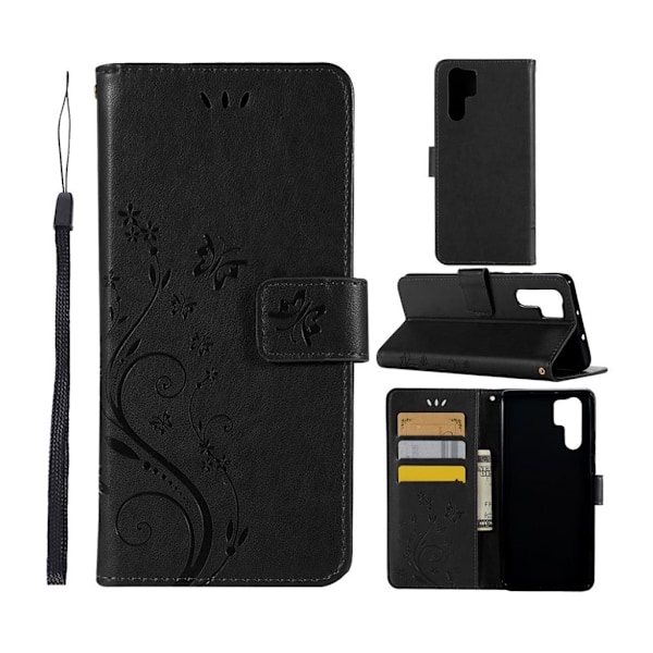 Huawei P30 Pro sommerfugle- og blomstertryk læder flip etui - Sort Black