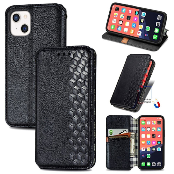 Nahkakotelo With A Stylish Rhombus Imprint For iPhone 13 - Musta Black