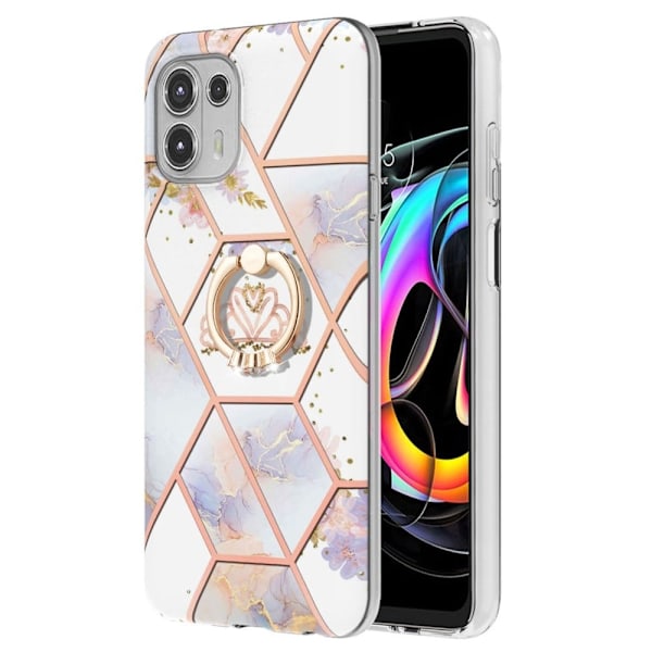 Marble Mønstret Cover med Ring Holder til Motorola Edge 20 Lite - Krone White