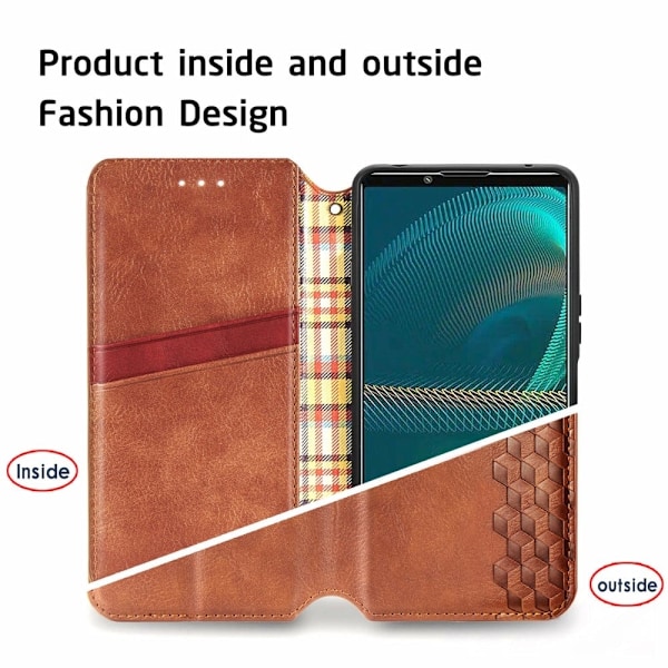 Læder Etui med A Stilfuldt Rhombus Tryk til Sony Xperia 10 IV - Brun Brown