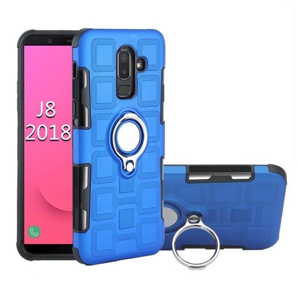 Samsung Galaxy J8 (2018) Geometrisesti Kuvioitu Hybriidi Muovinen Takasuoja Kuori Jalkatuella Ja Magneetilla - Vaalean Sininen Blue