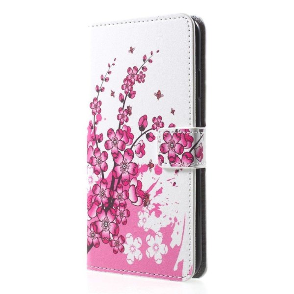 iPhone Xs Max læder flip cover med mønsterprint - Plum Blossom Purple
