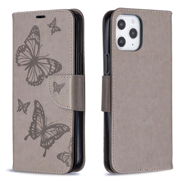 Butterfly iPhone 12 Pro Max nahkakotelo - Harmaa Silver grey