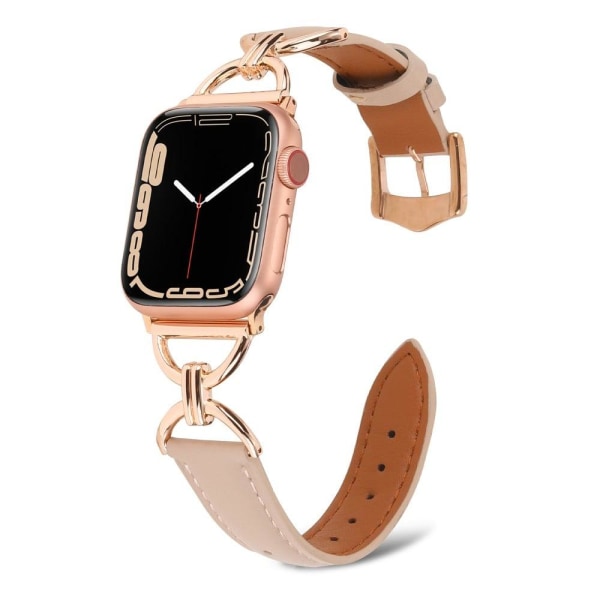 Apple Watch (45mm) aito nahkainen D-rengas ranneke - Khaki / Ruusukulta Beige