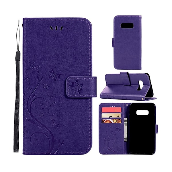 Samsung Galaxy S10e sommerfugle- og blomstertryk læder flip etui - Lilla Purple