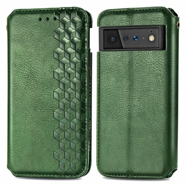 Læder Etui med A Stilfuldt Rhombus Tryk til Google Pixel 6 - Grøn Green