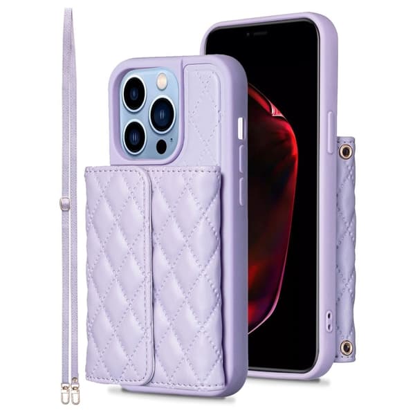 Stilfuldt og alsidigt rombeformet etui med pung til iPhone 15 Pro Purple