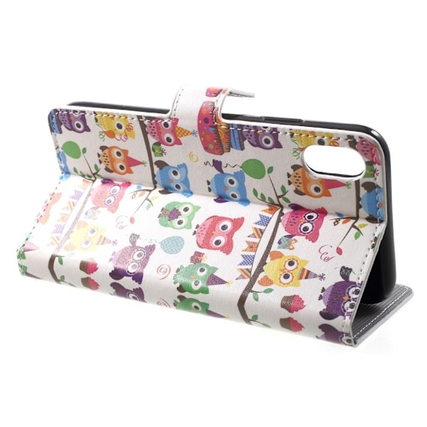 iPhone Xs Max læder flip cover med mønsterprint - Flere Ugler Multicolor