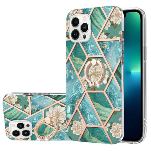 Marble Patterned Suojakuori With Ring Holder For iPhone 14 Pro Max - Blue Flowers Blue