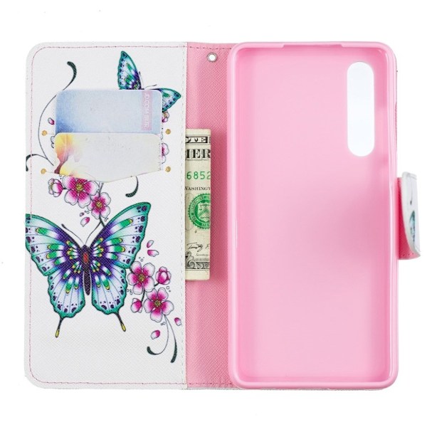 Huawei P30 mønstret læder flip etui - Sommerfugle og Blomster Multicolor