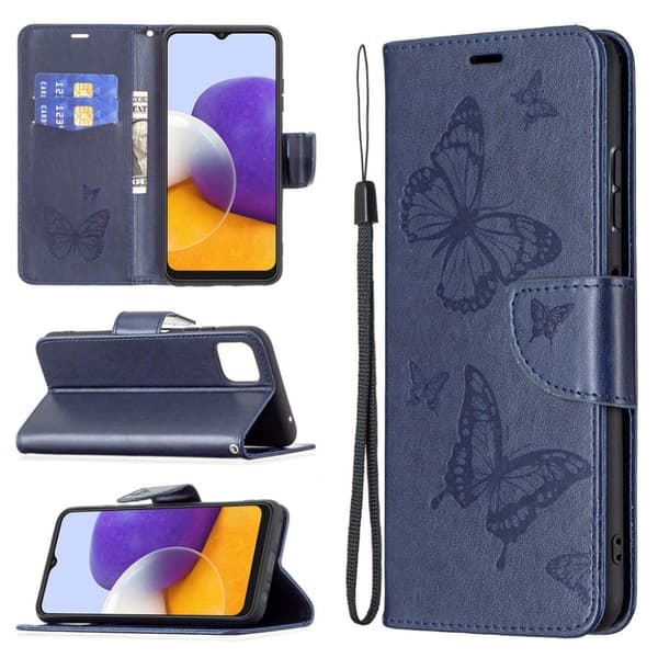 Butterfly Samsung Galaxy A22 5G Läppäkotelo - Tummansininen Blue