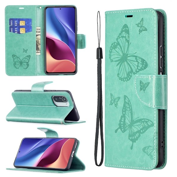Butterfly Xiaomi Mi 11i / Xiaomi Redmi K40 Pro Plus / Xiaomi Redmi K40 Pro / Xiaomi Redmi K40 / Xiaomi Poco F3 nahkakotelo - Vihreä Green