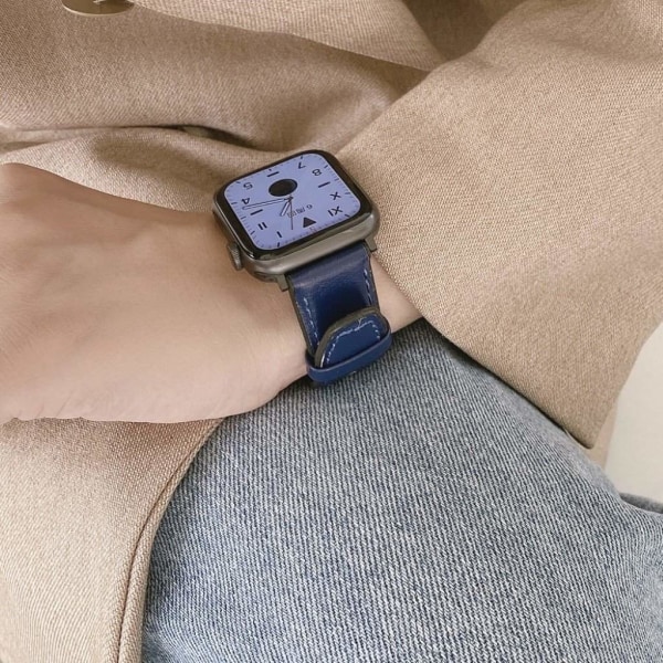 Apple Watch 42mm - 44mm silikoni + nahkaranneke - Sininen Blue