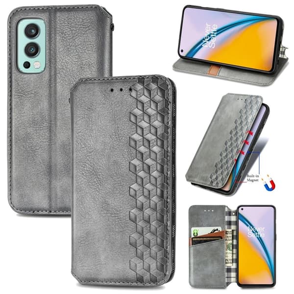 Läder OnePlus Nord 2 5G fodral med romb-design - Silver/Grå Silvergrå