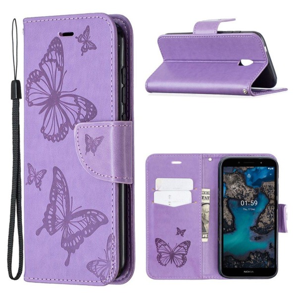 Butterfly Nokia C1 Plus nahkakotelo - Violetti Purple