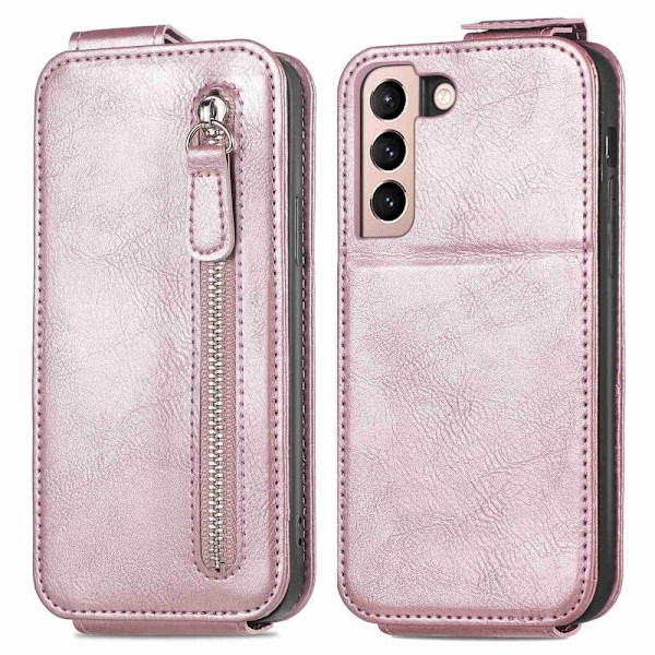 Vertical Flip Phone Etui med Zipper til Samsung Galaxy S21 Plus 5G - Rødguld Pink