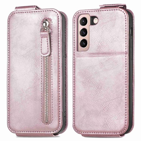 Vertical Flip Phone Etui med Zipper til Samsung Galaxy S21 Plus 5G - Rose Gull Pink