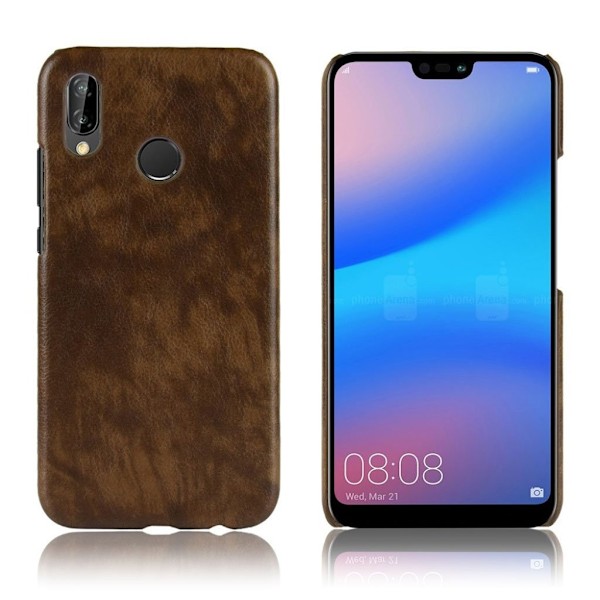 Huawei P20 Lite beskyttelsesetui i kunstlæder med Litchi overfalde - Kaffe Brown