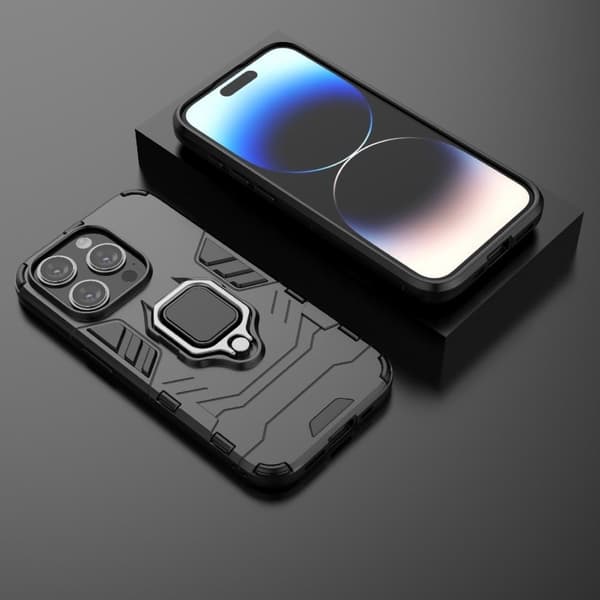 iPhone 15 Pro Drop Resistant Cover Fleksibelt og stødsikkert telefonetui med ringholder Kickstand - Sort Black