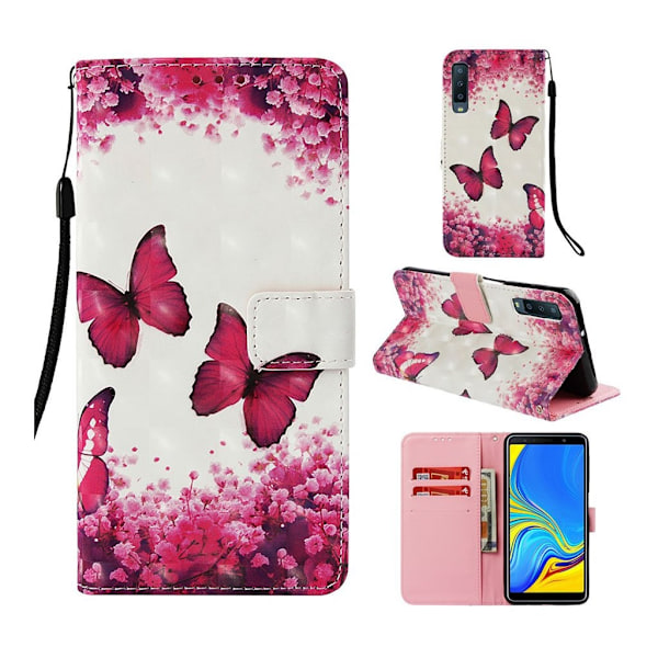 Samsung Galaxy A7 (2018) lys spot dekorations læder flip etui - Rød Sommerfugl Red