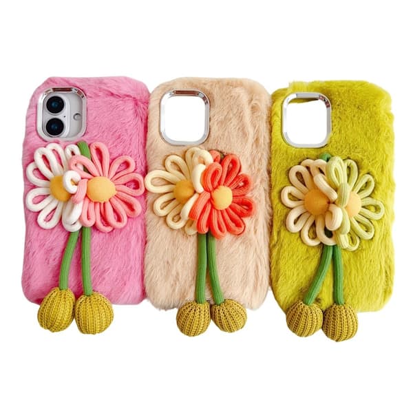 iPhone 16 Plus Case Two Flowers Decor Outer Fluffy Plush Inner Flexible Phone Cover - Green Green