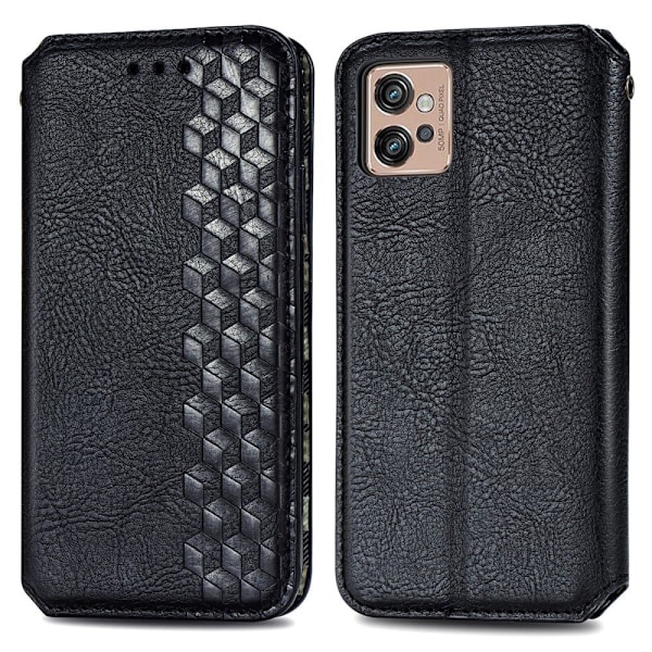 Læder Etui med A Stilfuldt Rhombus Tryk til Motorola Moto G32 - Sort Black