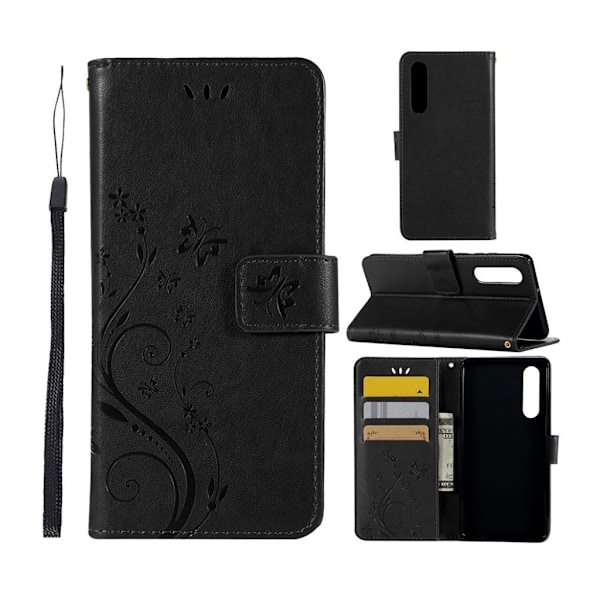 Huawei P30 sommerfugle- og blomstertryk læder flip etui - Sort Black