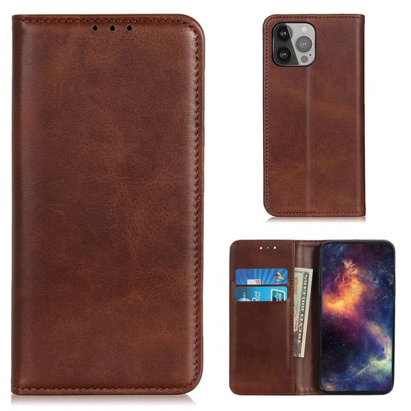 Flipveske i ekte skinn i lommebokstil for iPhone 13 Pro Max - Kaffe Brown