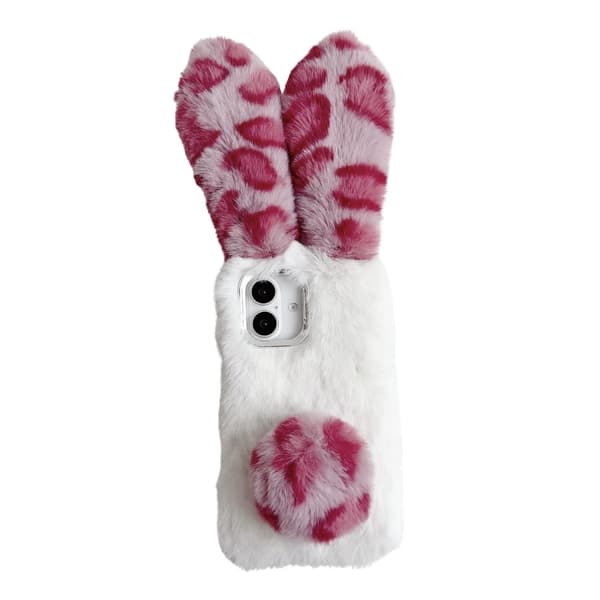 iPhone 16 Fodral Fluffig Leopard Splicing Bunny Plysch Flexibelt Telefonskal - Rosa Rosa