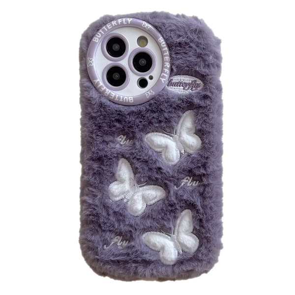 iPhone 16 Pro Max Case Butterfly Design Warm Plush Flexible Phone Cover - Purple Purple