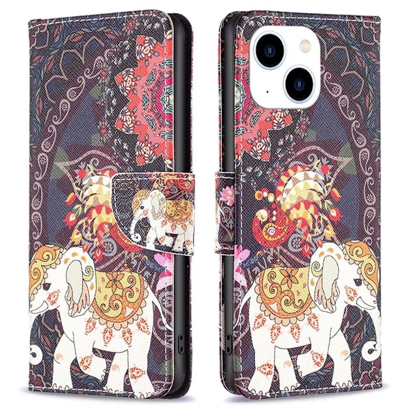 Wonderland iPhone 14 flip kuoret - Kukka Ja Norsu Multicolor
