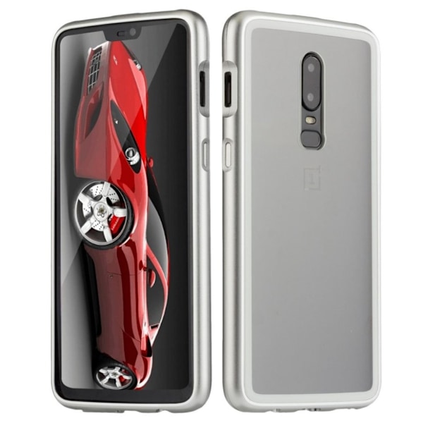 OnePlus 6 mobilskal tempererat glas metallram transparent - Silver Silvergrå
