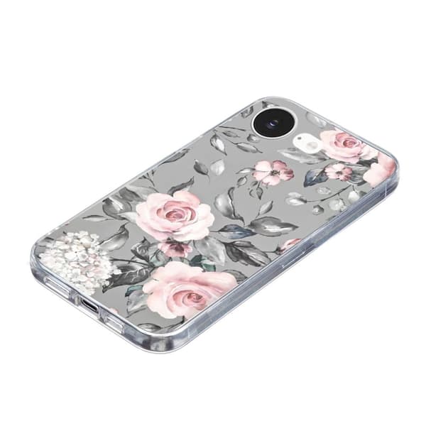 iPhone 16e-etui Mykt, fleksibelt bakdeksel med mønsterutskrift - Grå Bunnen Blomster Silver grey