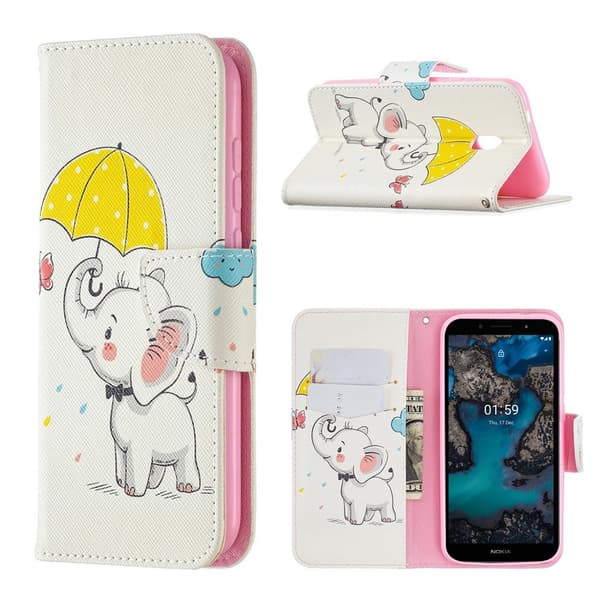 Wonderland Nokia C1 Plus Flip Etui - Elefant og Paraply Multicolor