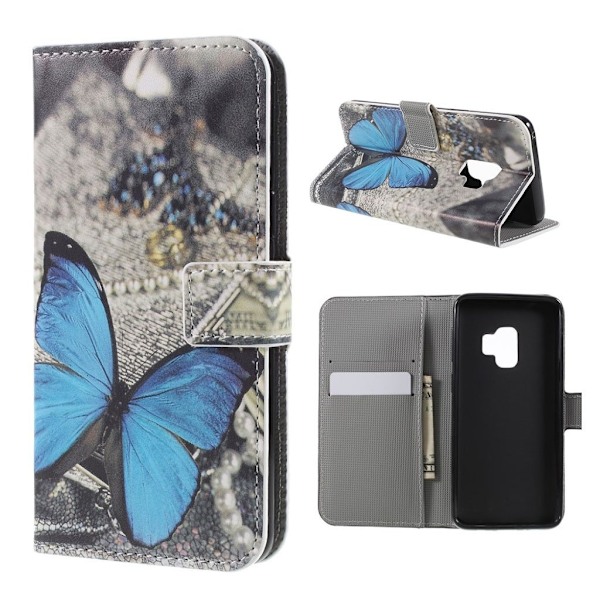 Samsung Galaxy S9 mønstret grynet PU læder flip etui - blå Sommerfugl Blue