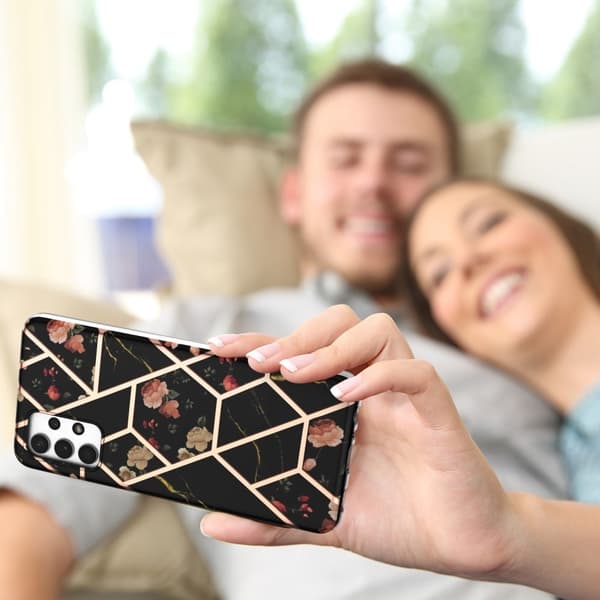Marble design Samsung Galaxy A13 4G cover - Sorte Blomster Black