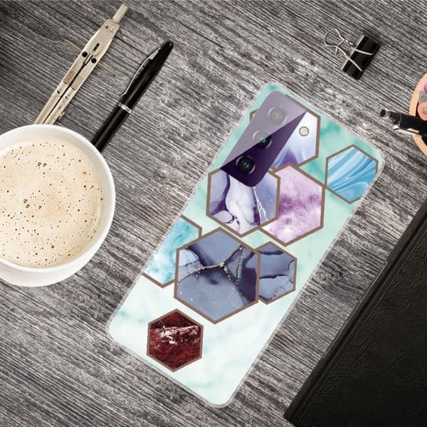 Marble Samsung Galaxy S21 FE Etui - Sekskant Fragmenter i Sky Blå Multicolor