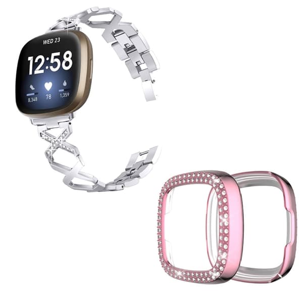 Fitbit Sense / Versa 3 X-formad med strassdekorerat klockarmband med rosarött fodral - Silver Silvergrå